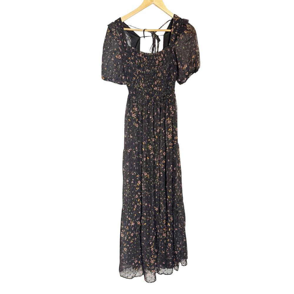 Slate & Willow Black Floral Print Chiffon Puff Sleeve Smocked Maxi Dress Small - Picture 2 of 13